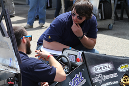 Jacob Hill ponders the judges question during the Design Event at the 2015 Formula SAE® Michigan Competition.