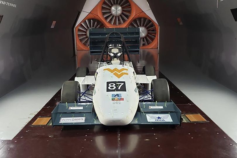 Testing the aerodynamics of the WVU Formula SAE race car  87 in the A2 Wind Tunnel in Mooresville NC.